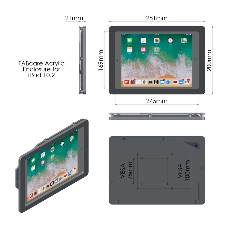 TABcare Anti-Theft Acrylic VESA Enclosure for Apple iPad 7/8/9 10.2" with Free Wall Mount Kit & 90-Degree Angle Charge Cable (iPad 7/8/9 10.2", Clear) - Image 5